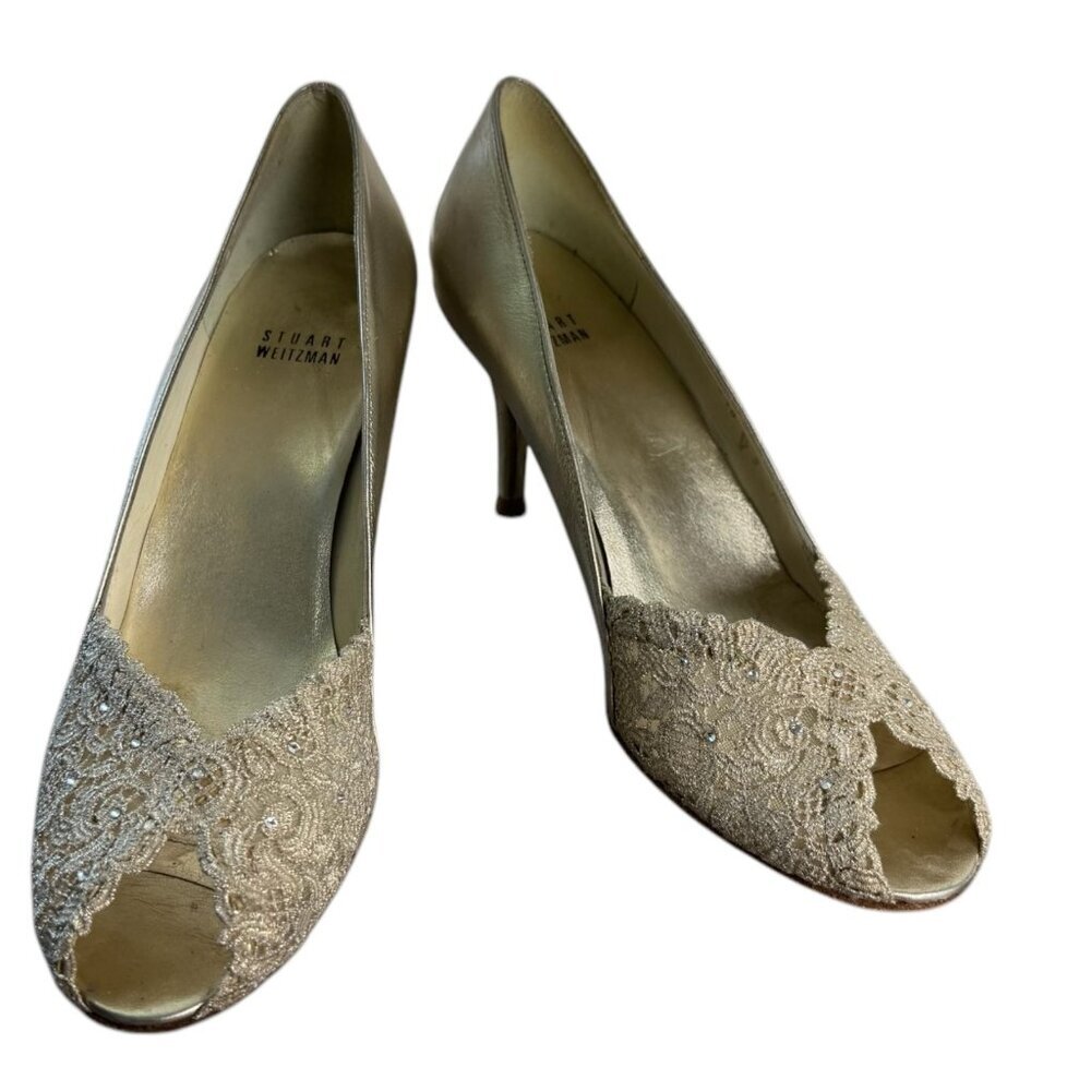 Stuart Weitzman Gold Chantilly Lace Peep Toe Pump Heel Formal Women's Size 9 - Picture 2 of 10